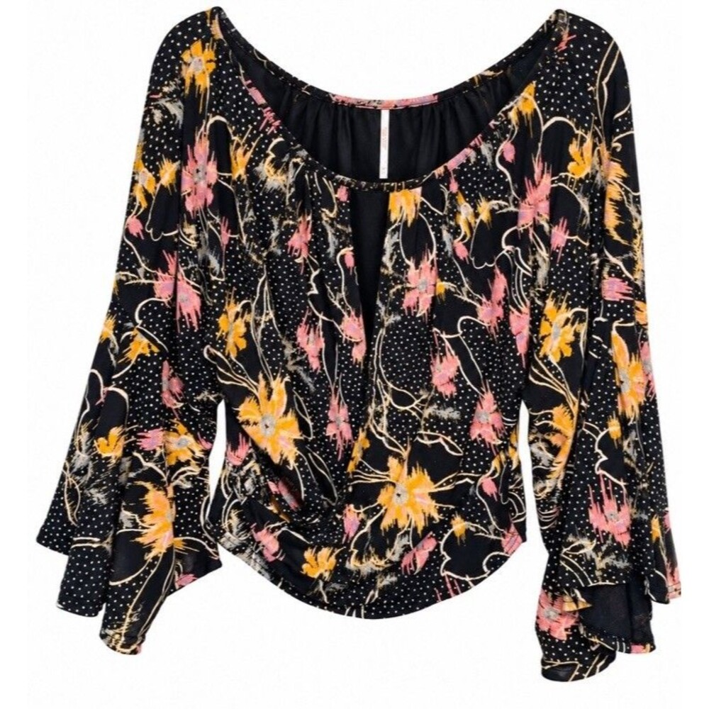 Free People M Black Floral Blouse Cropped Bell Sleeve Boho Artsy Keyhole Stretch